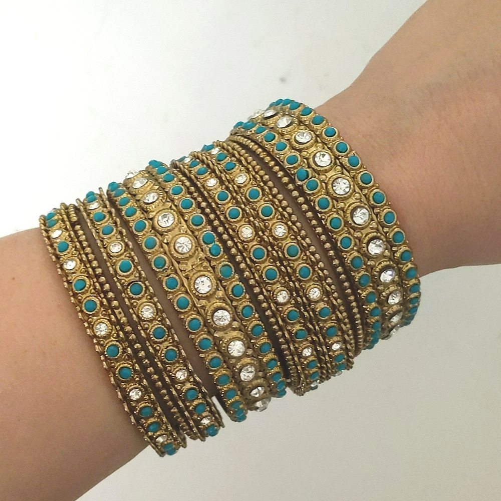 Set of 10 gold and turquoise bangle bracelets